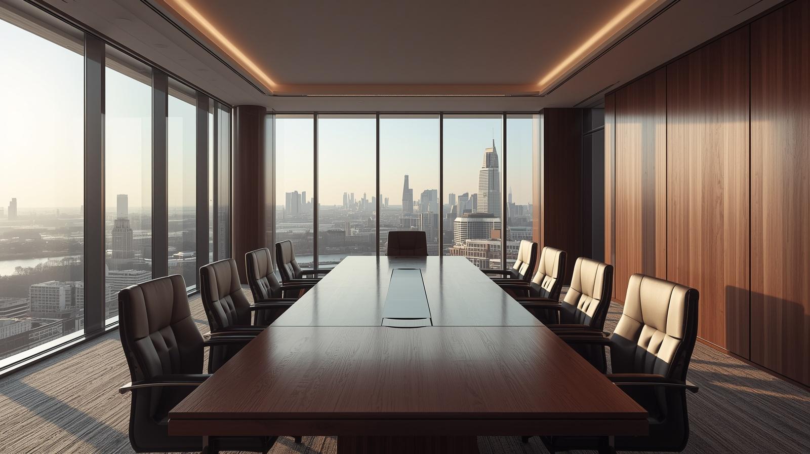 Elegant London boardroom with a long polished table, leather chairs and floor-to-ceiling windows overlooking the city skyline.